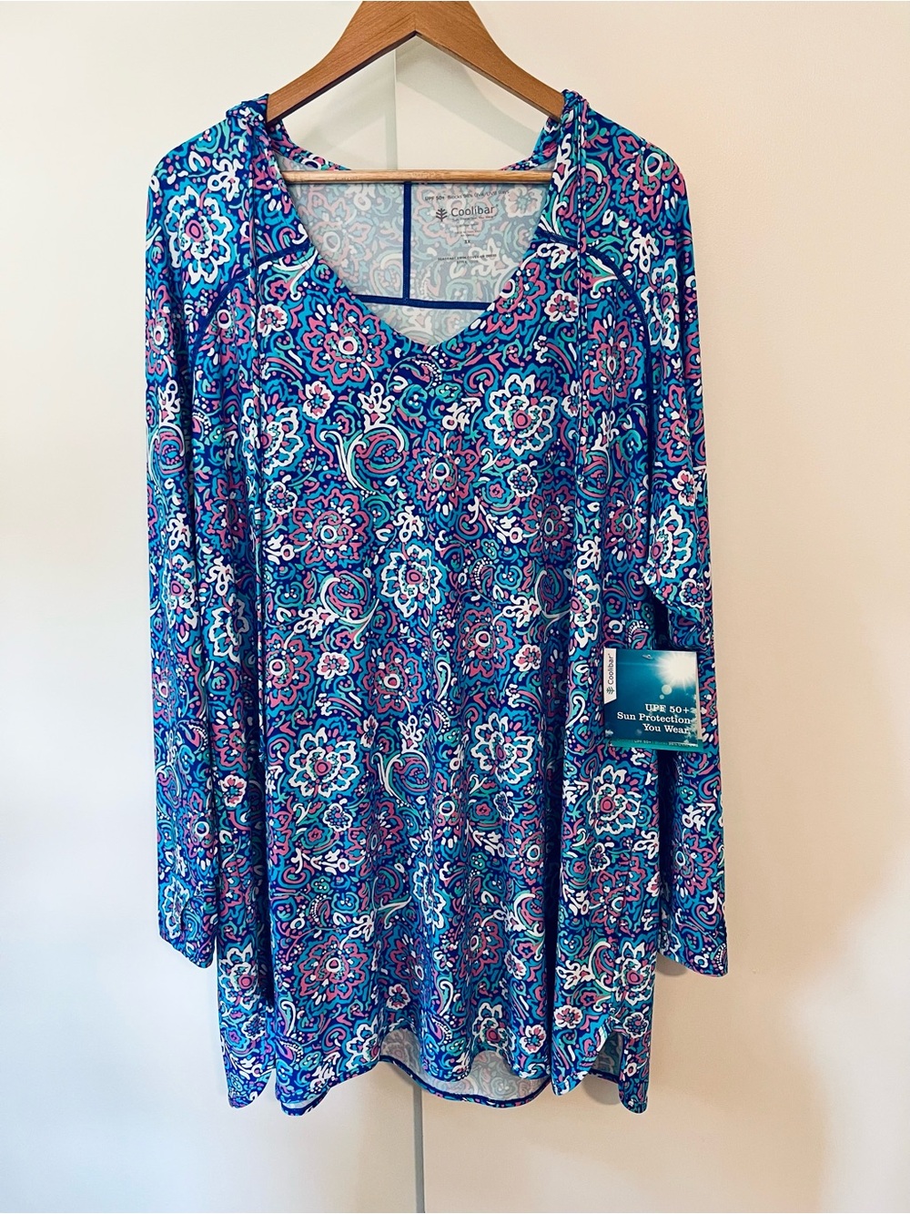 Coolibar Blue Paisley Long Sleeve Swim UPF Coverup Dress with hood 3X NWT
